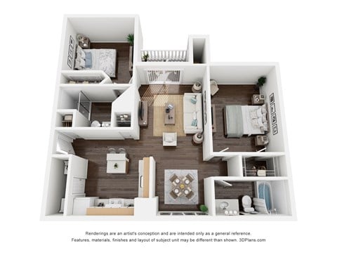 Floor plan for 2 beds, 2 baths, 932 sqft